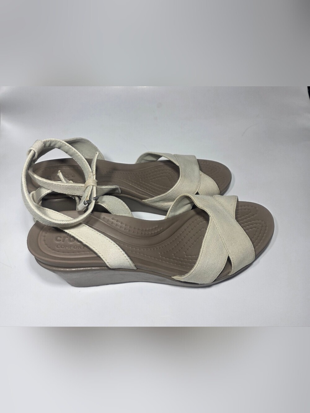 Crocs Leigh II Cross Ankle Strap Wedge Sandals Beige Canvas 204950 Women's 10w